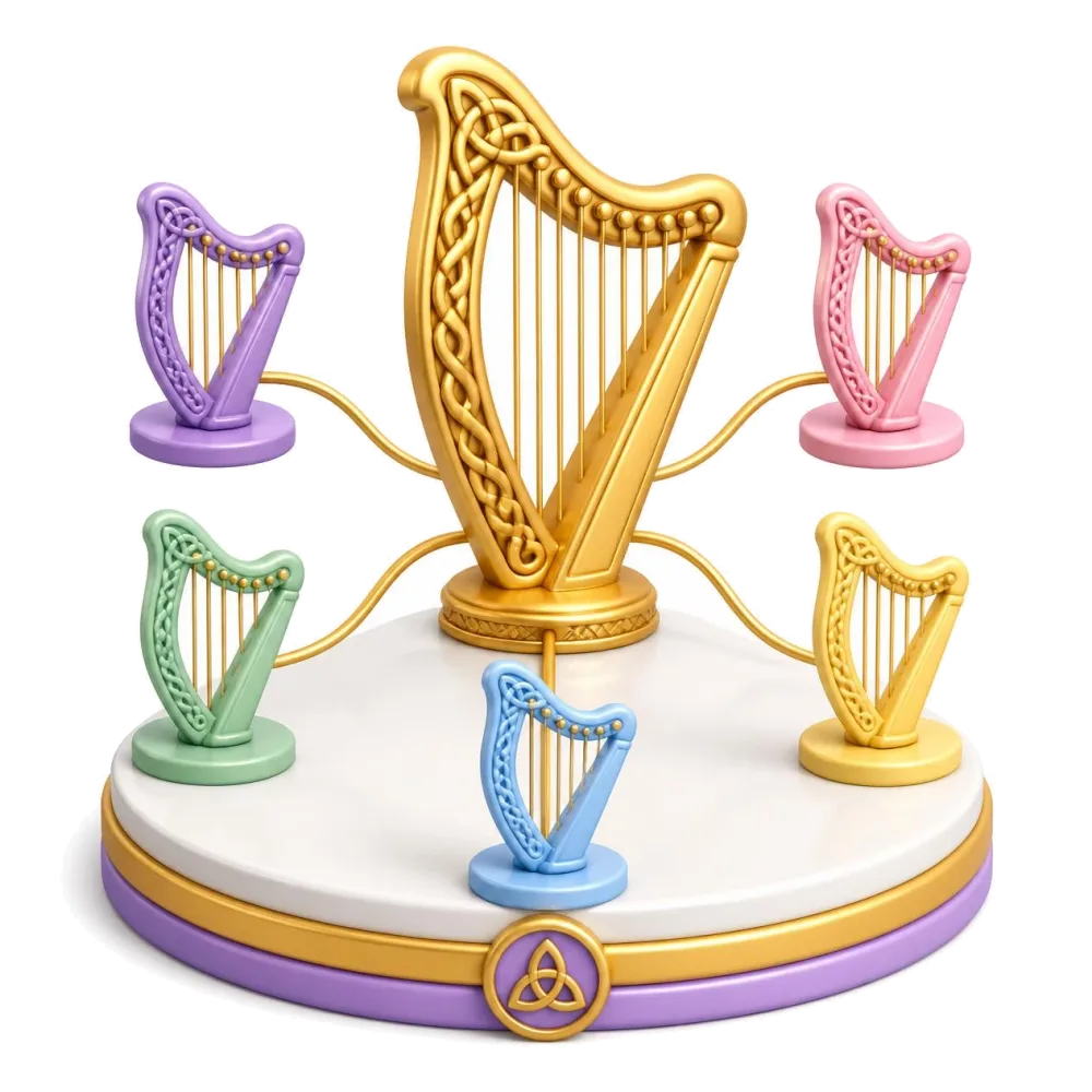 Golden Celtic harp linked by golden ribbons to small colored harps, the pairs with Irish