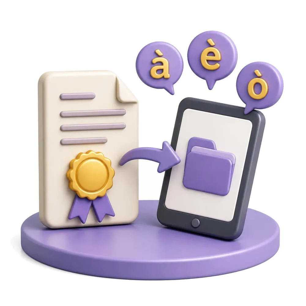 Certified Italian document with gold seal, tablet sending the file, letters à è ò