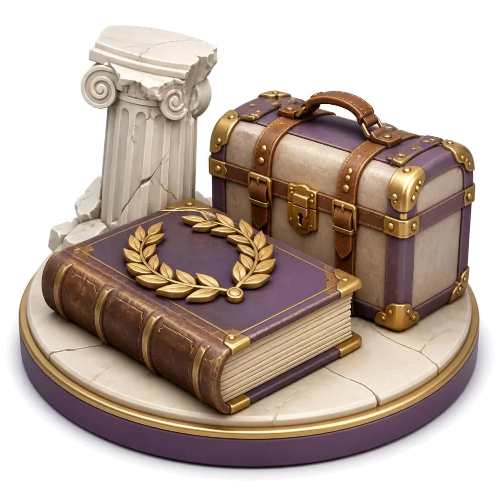 Old book with laurel wreath, Roman column and antique travel trunk