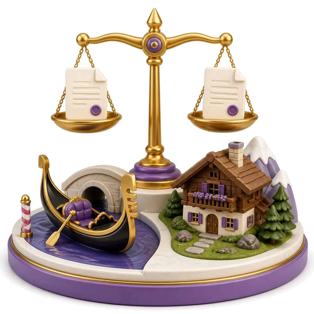 Two documents on a balance scale, a Venetian gondola and a Swiss alpine chalet