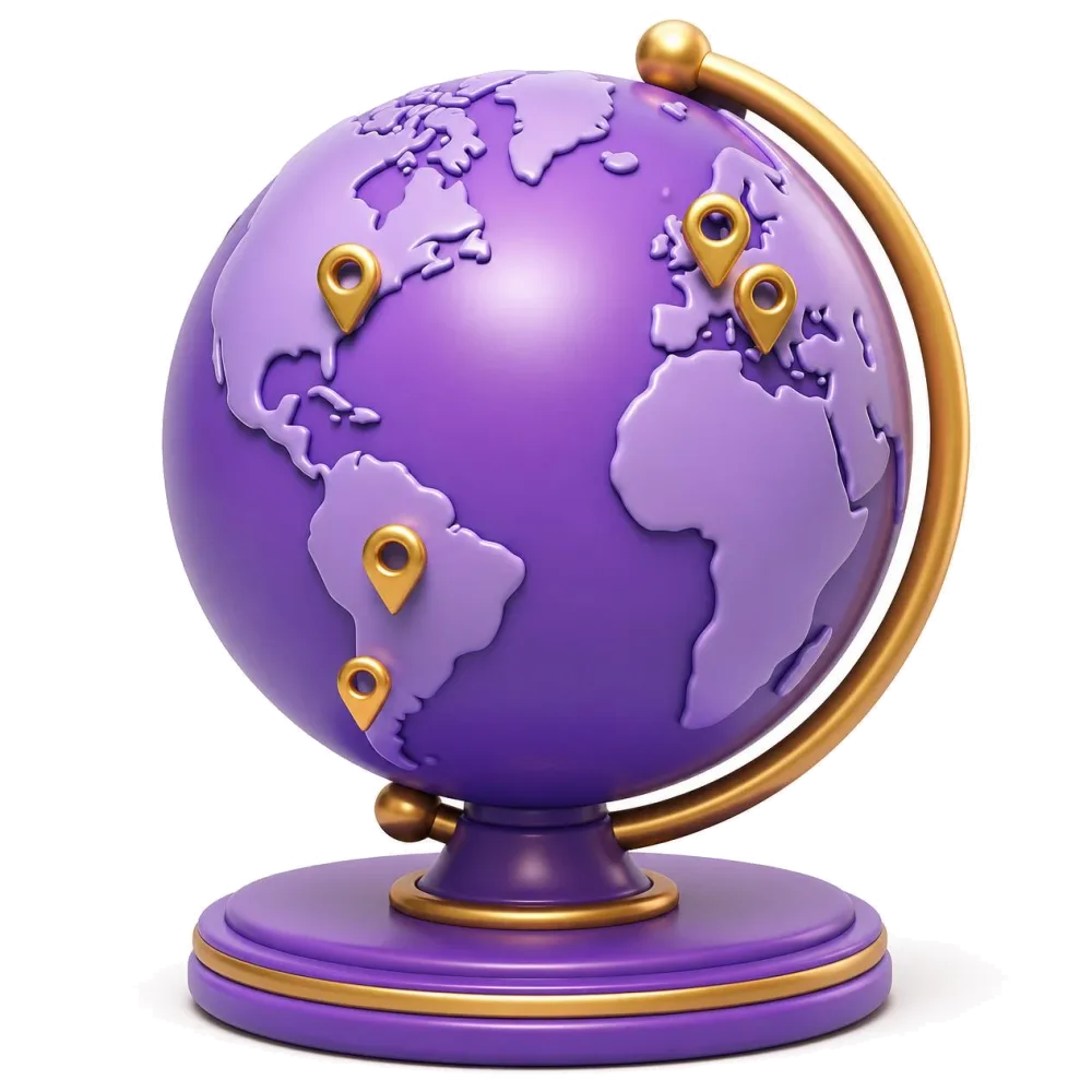 Purple globe with pins on Italy and Switzerland and on Italian communities in the Americas
