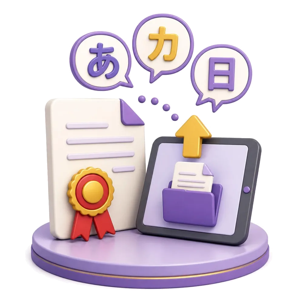 Certified Japanese document with a red seal, a tablet and あ, カ, 日