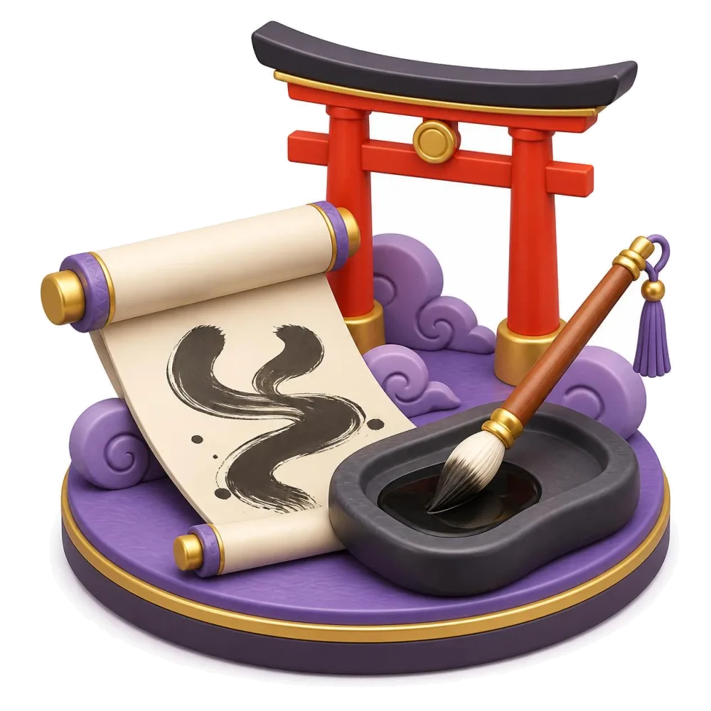 Unrolled scroll with brush strokes, a calligraphy brush, an inkstone and a small torii gate