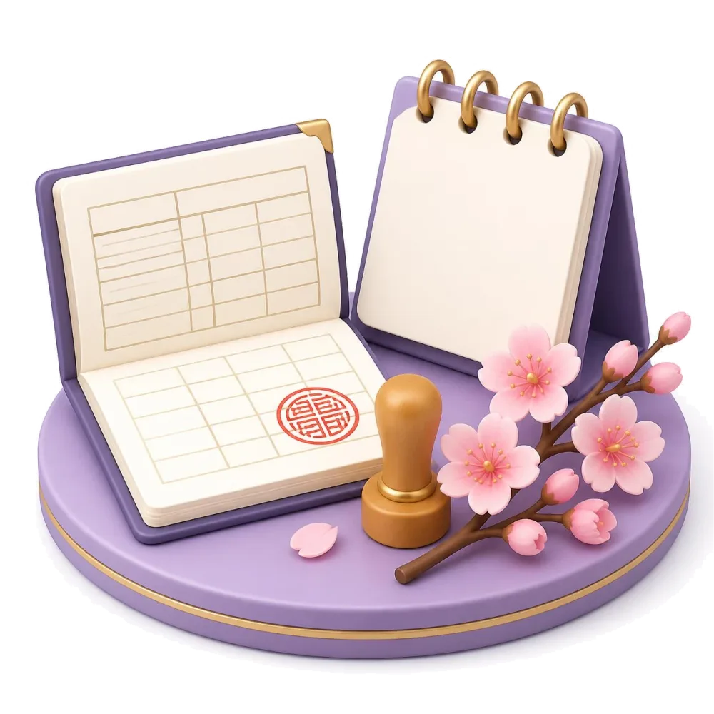 Family register with a red hanko seal, a calendar and cherry blossoms