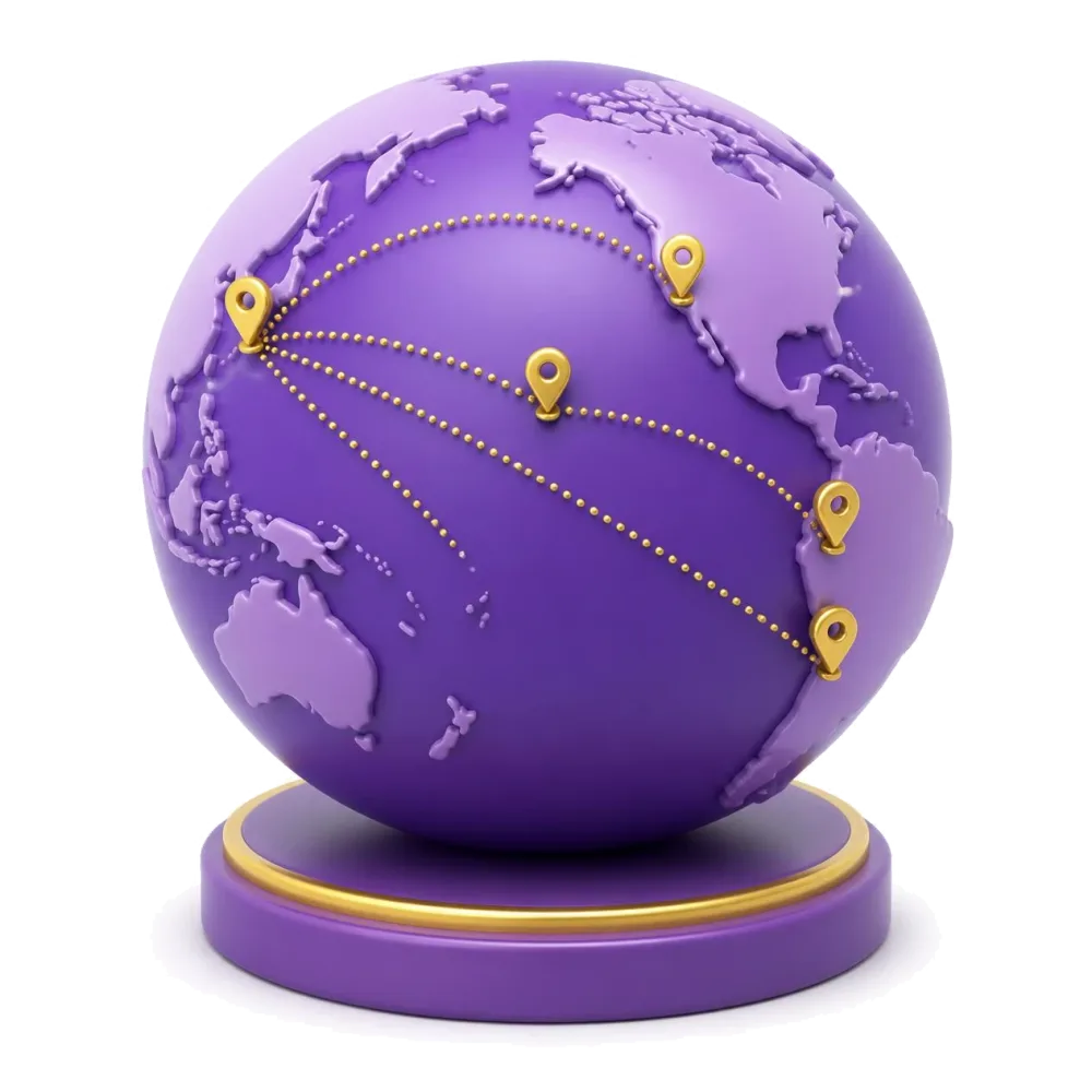 Purple globe with pins on Japan, Brazil, Hawaii, California and Peru, where Japanese is spoken