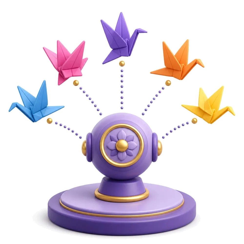 Colored origami cranes flying out of a purple hub, the language pairs with Japanese