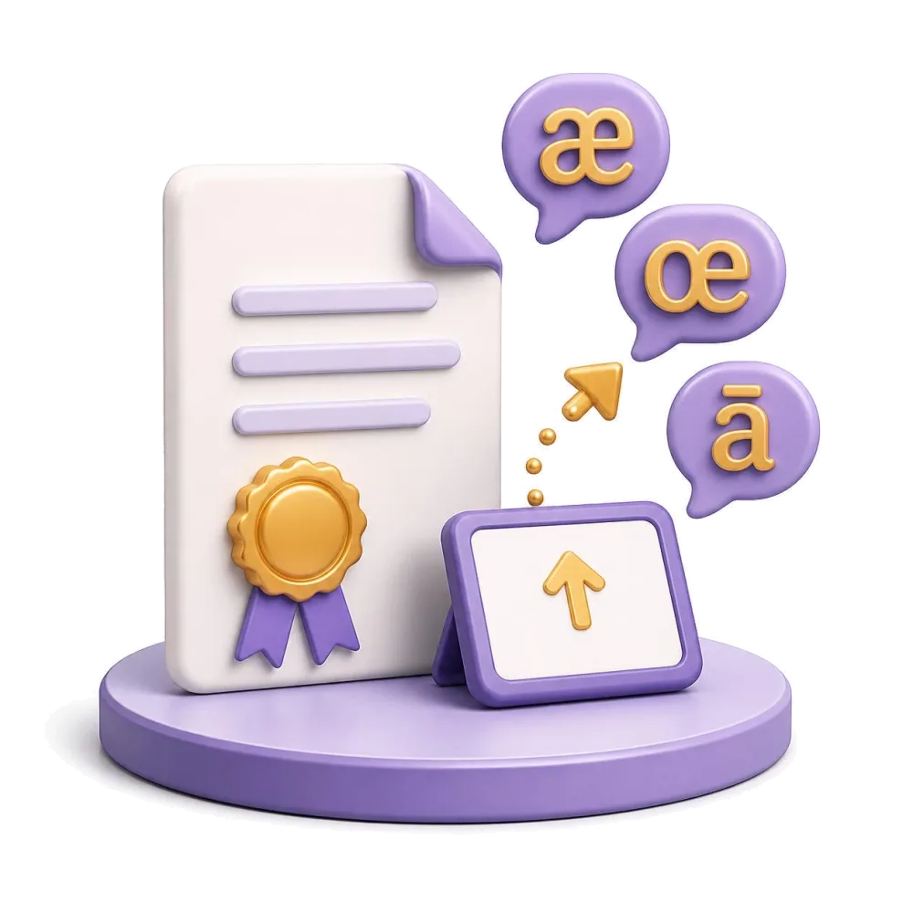 Documento en latín certificado con sello dorado, tableta enviando el archivo, letras æ œ ā