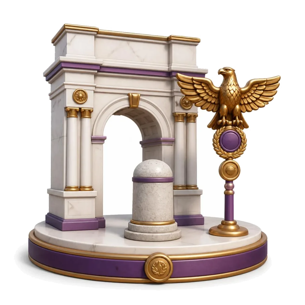 Pequeño arco de triunfo romano, águila de bronce de las legiones y un miliario de piedra