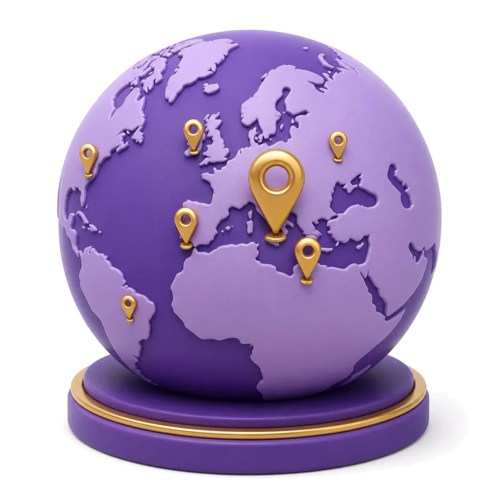 Globo morado con marcadores en Roma, Italia, Portugal y países con registros antiguos