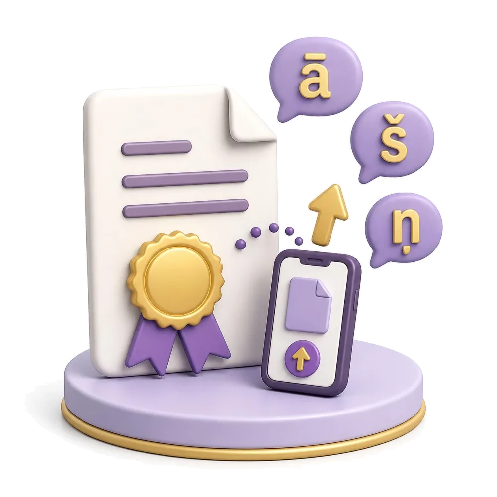 Certified Latvian document with gold seal, phone sending the file, letters ā š ņ