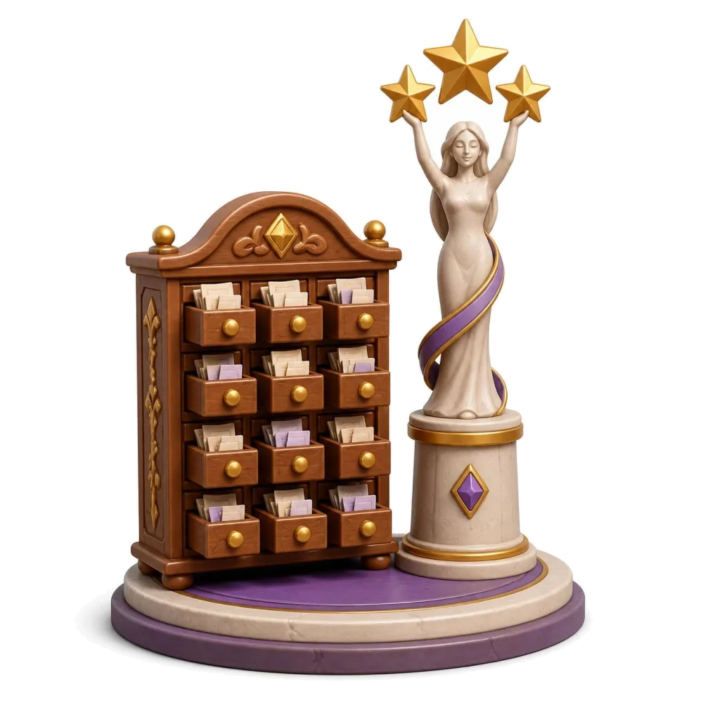 Wooden cabinet of folk song slips beside a slender monument holding three stars