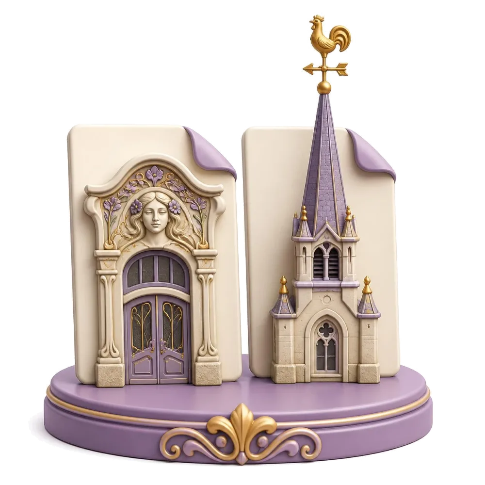 Two documents side by side, Art Nouveau facade and spire with golden rooster