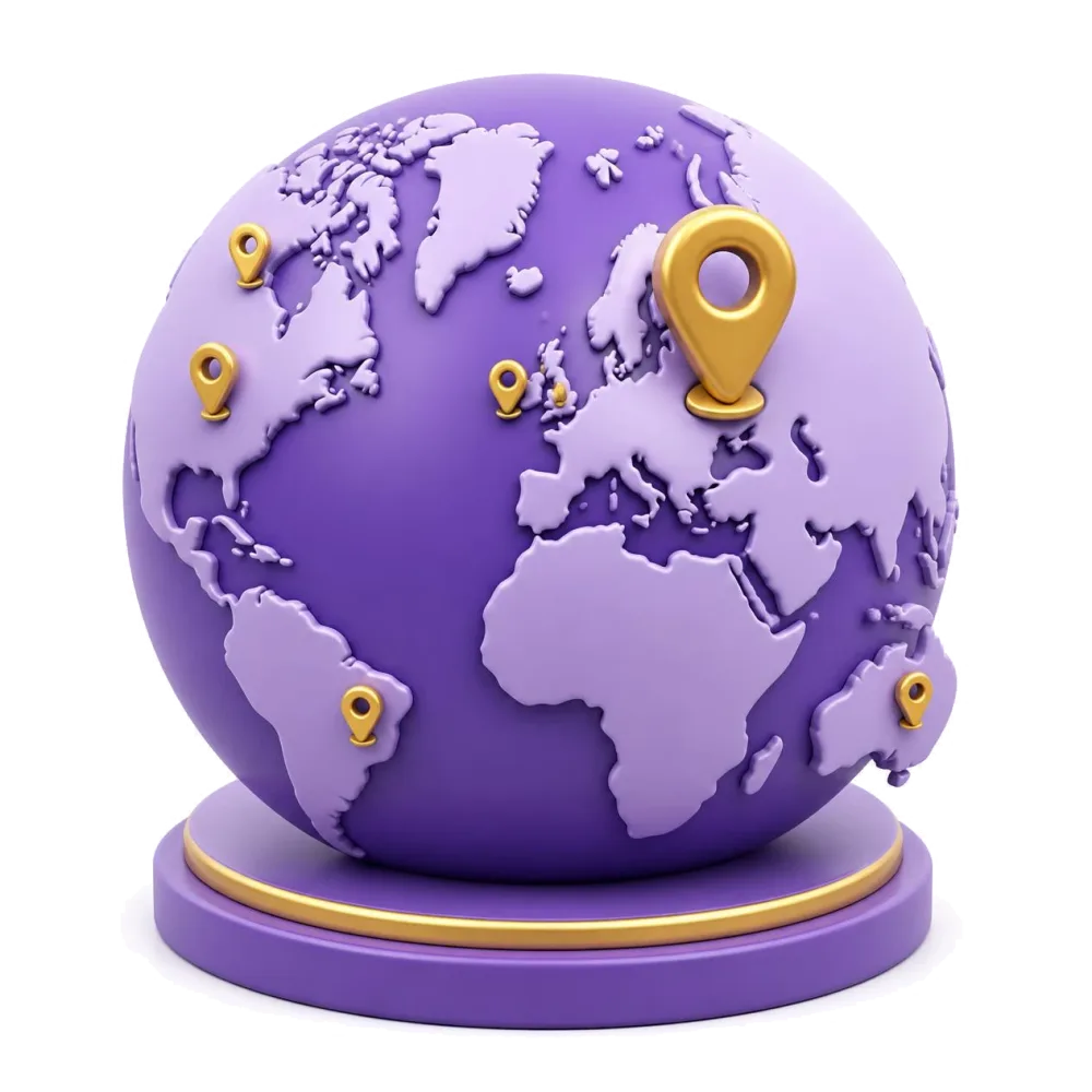 Purple globe with pins on Latvia and Latvian communities abroad