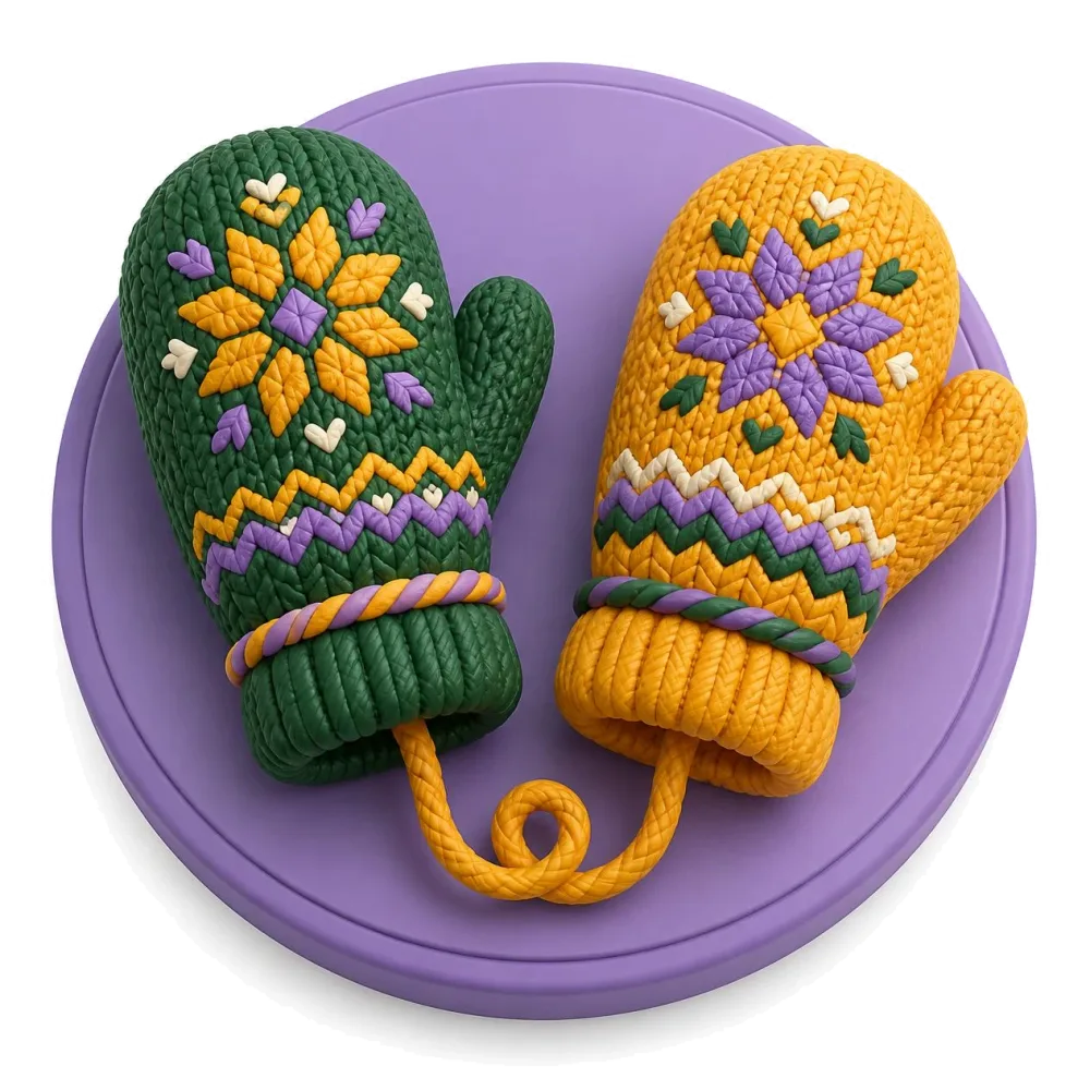 Two knitted mittens with folk patterns linked by a golden yarn, Latvian and English