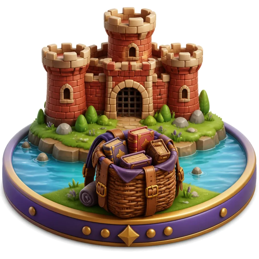Red brick island castle on a lake with a wicker basket of small books