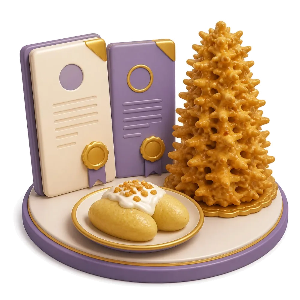 Two documents beside a golden šakotis tree cake and a plate of cepelinai