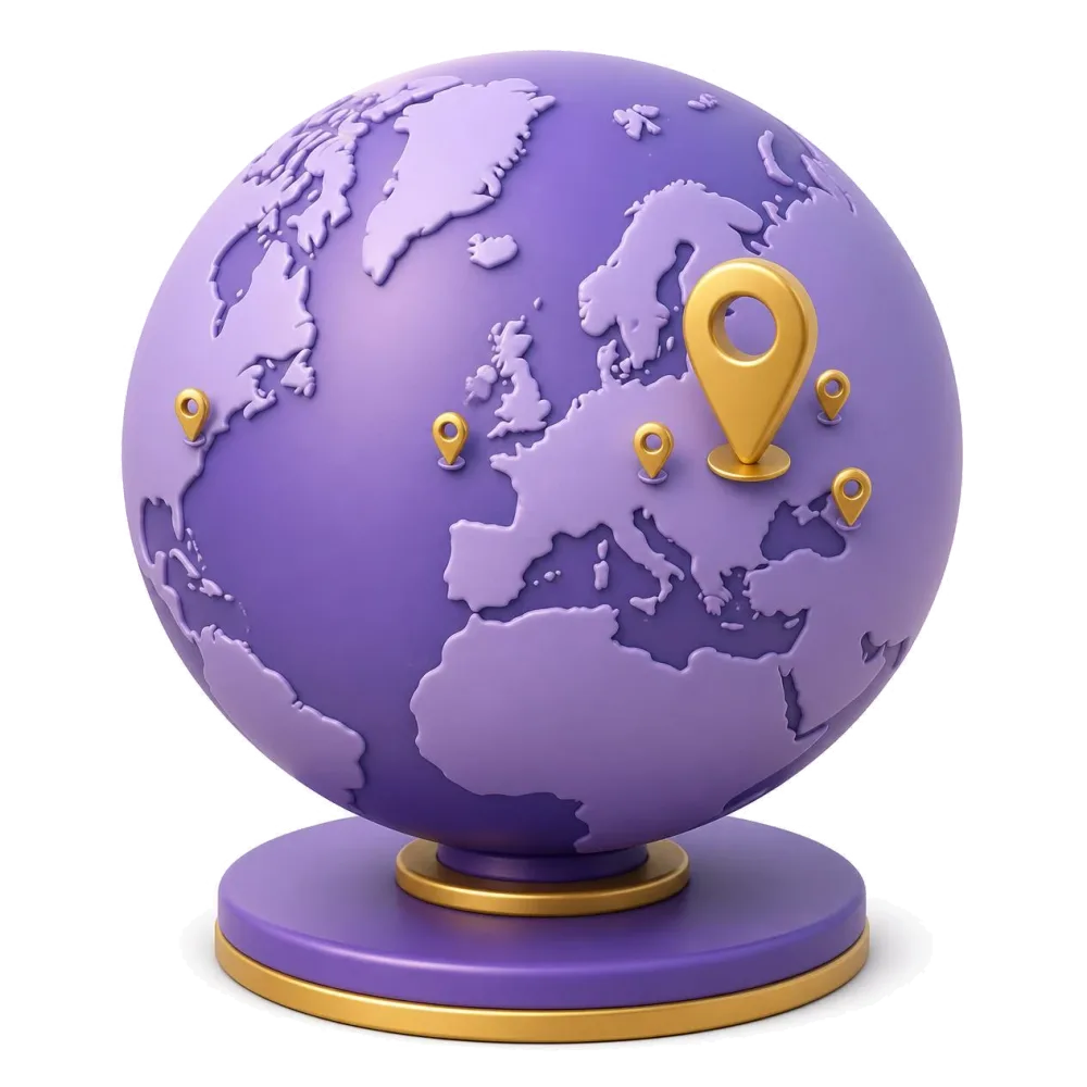 Purple globe with pins on Lithuania and on neighboring countries in Europe