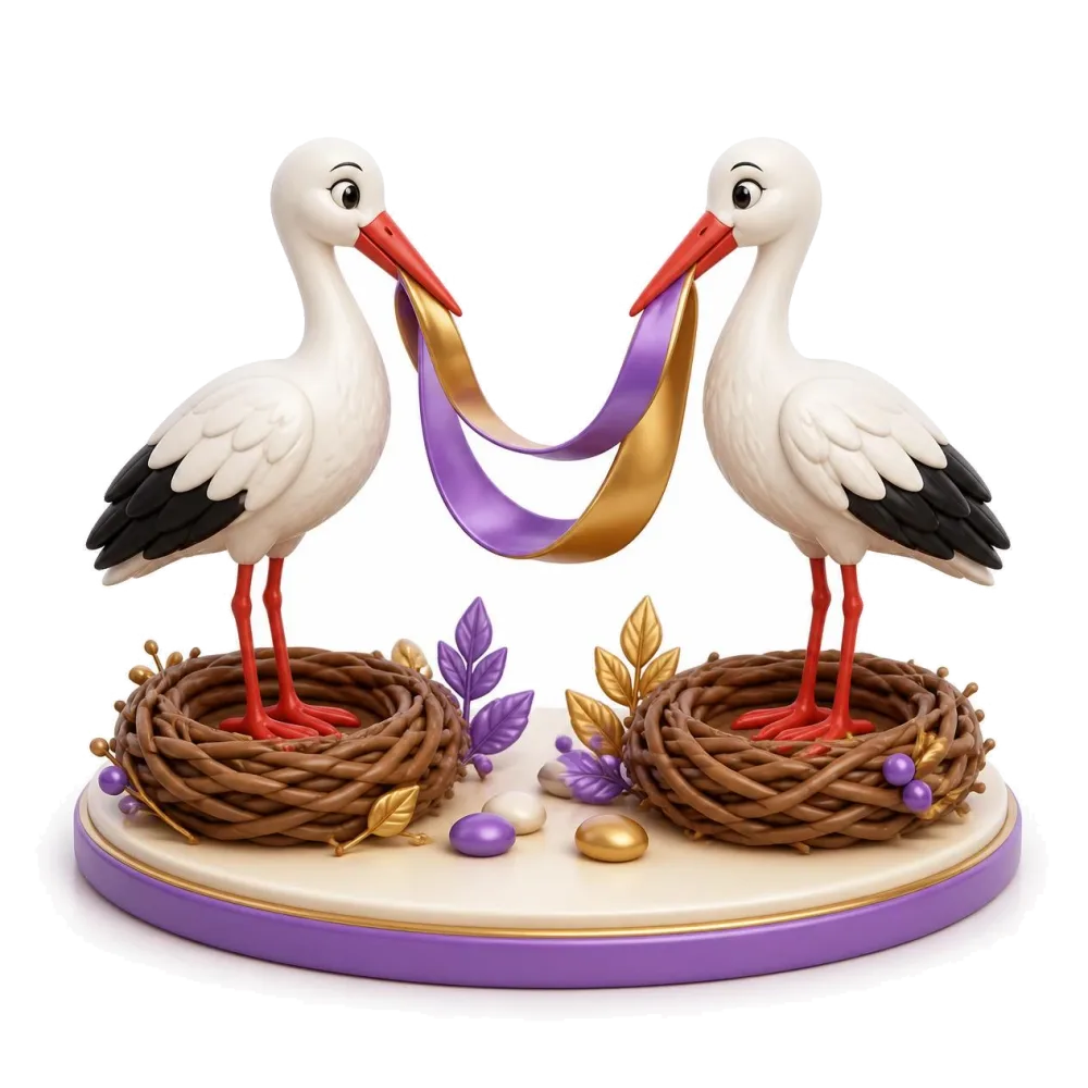 Two clay storks on nests linked by a ribbon, the pairs with Lithuanian