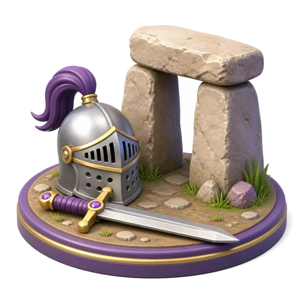 Knight helmet with a sword beside a megalithic stone doorway