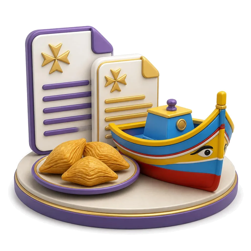 Two documents beside a colorful luzzu fishing boat and a plate of pastizzi