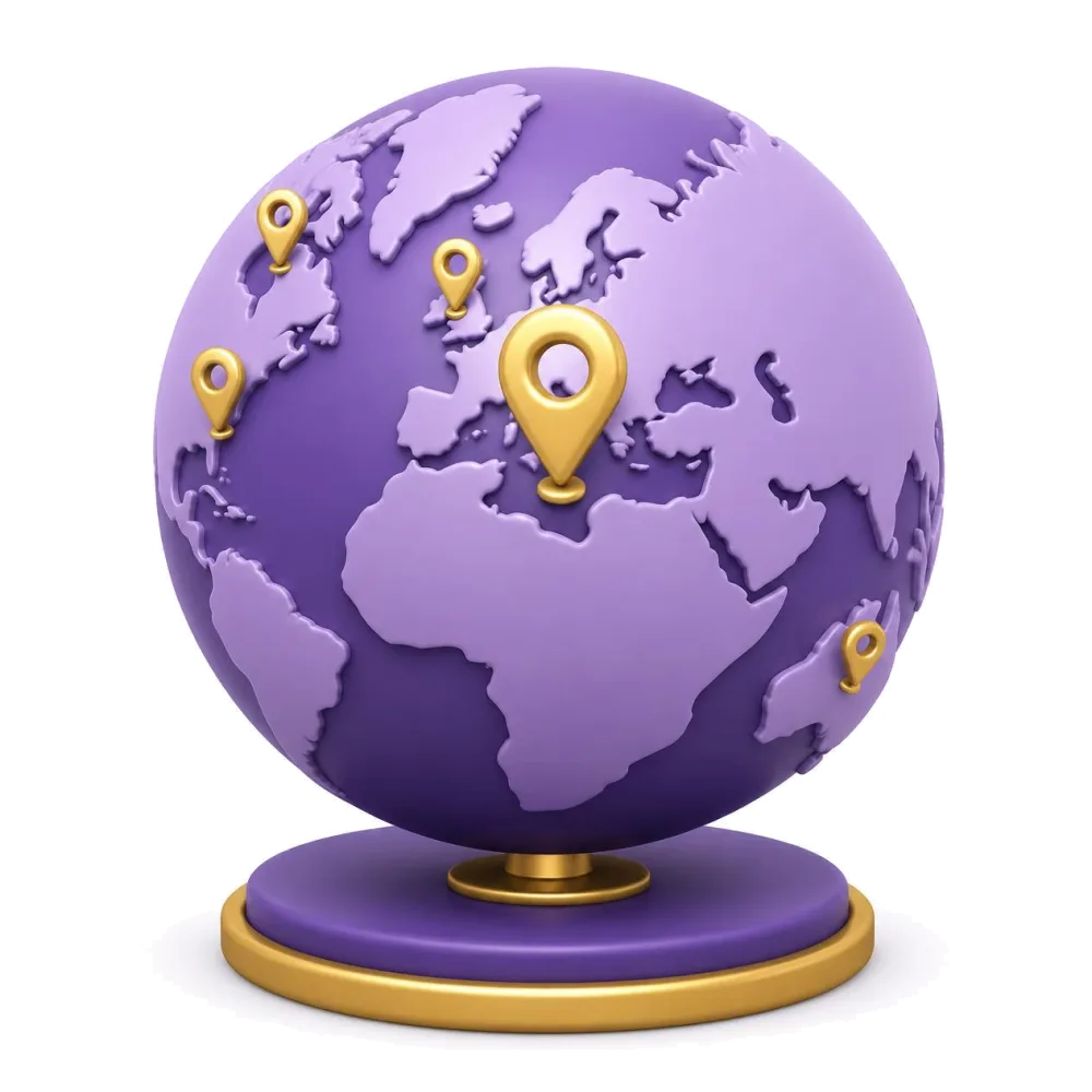 Purple globe with pins on Malta and Maltese communities in Australia and America