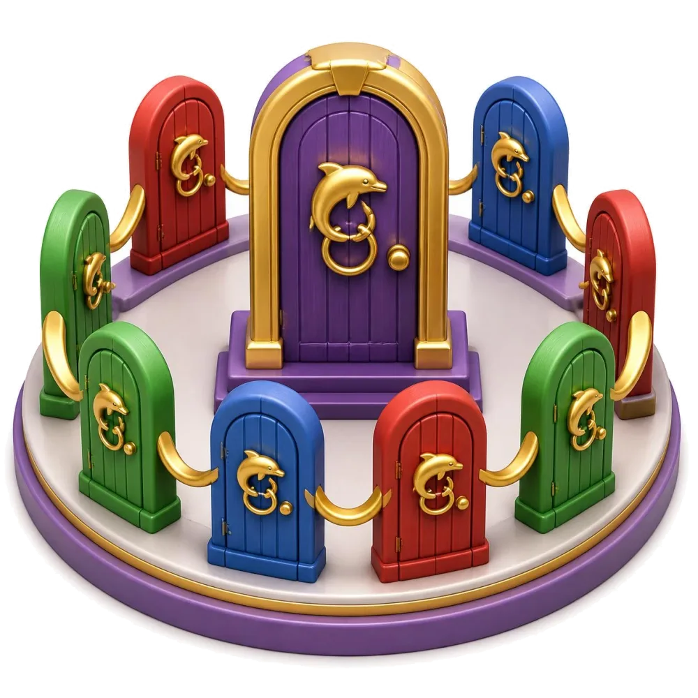 Colorful little doors with brass dolphin knockers linked in pairs by gold ribbons