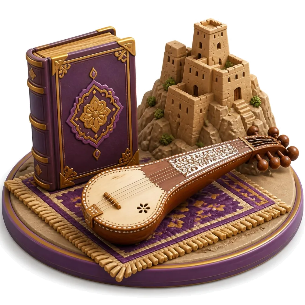 Old poetry book on a woven rug, a rubab lute and a small mountain fortress