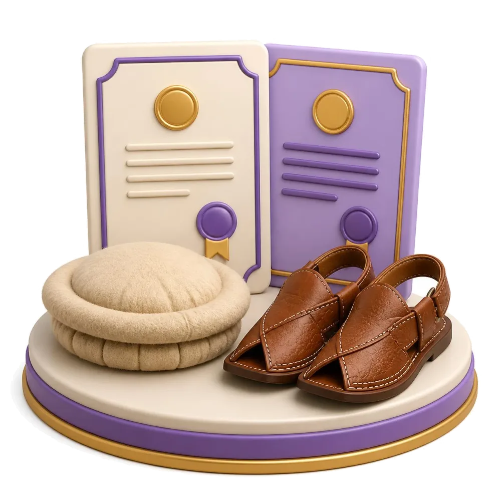 Two documents side by side, a round wool pakol cap and leather sandals