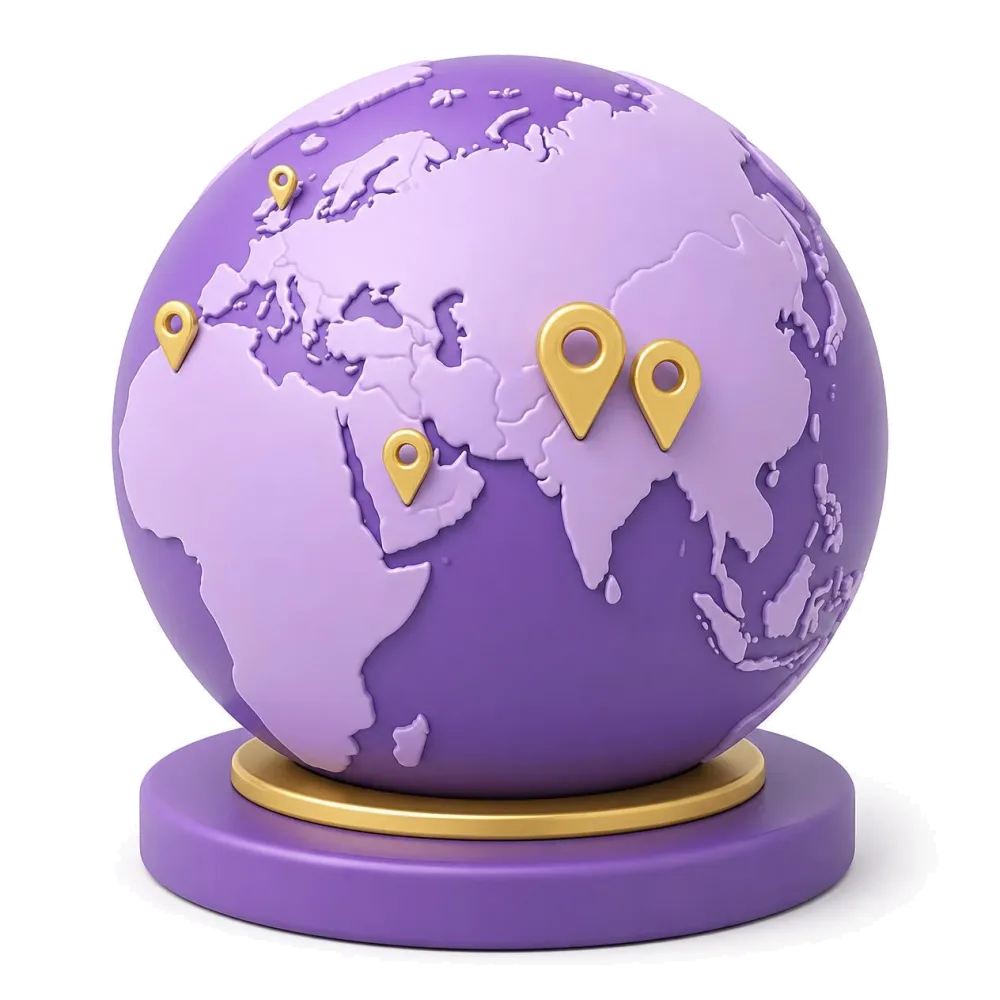 Purple globe with pins on Afghanistan, Pakistan, the Gulf, the UK and the US