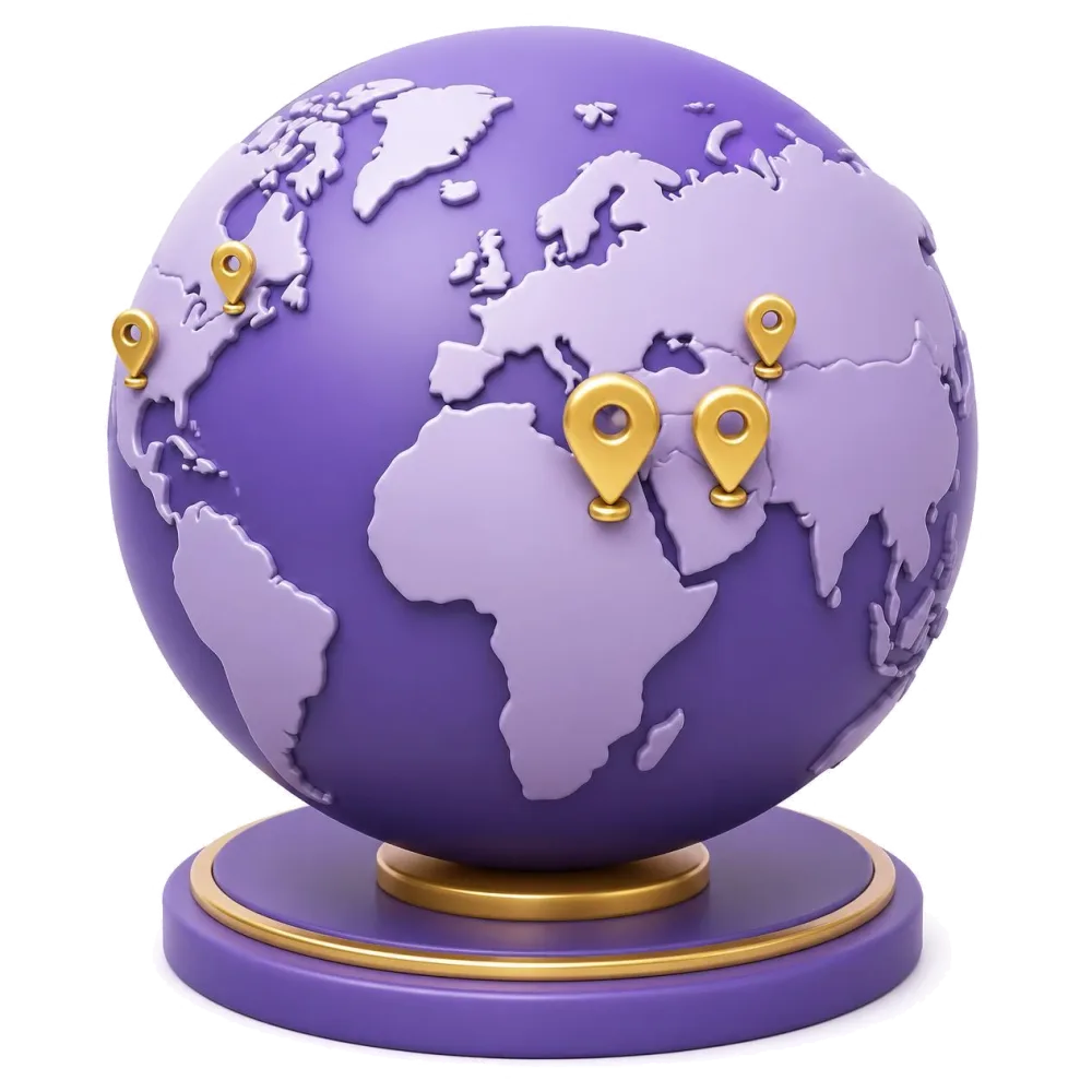 Globo roxo com pinos no Irã, no Afeganistão, no Tadjiquistão, em Los Angeles e Toronto