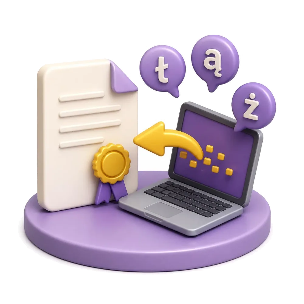 Certified Polish document with gold seal, laptop sending the file, letters ł ą ż