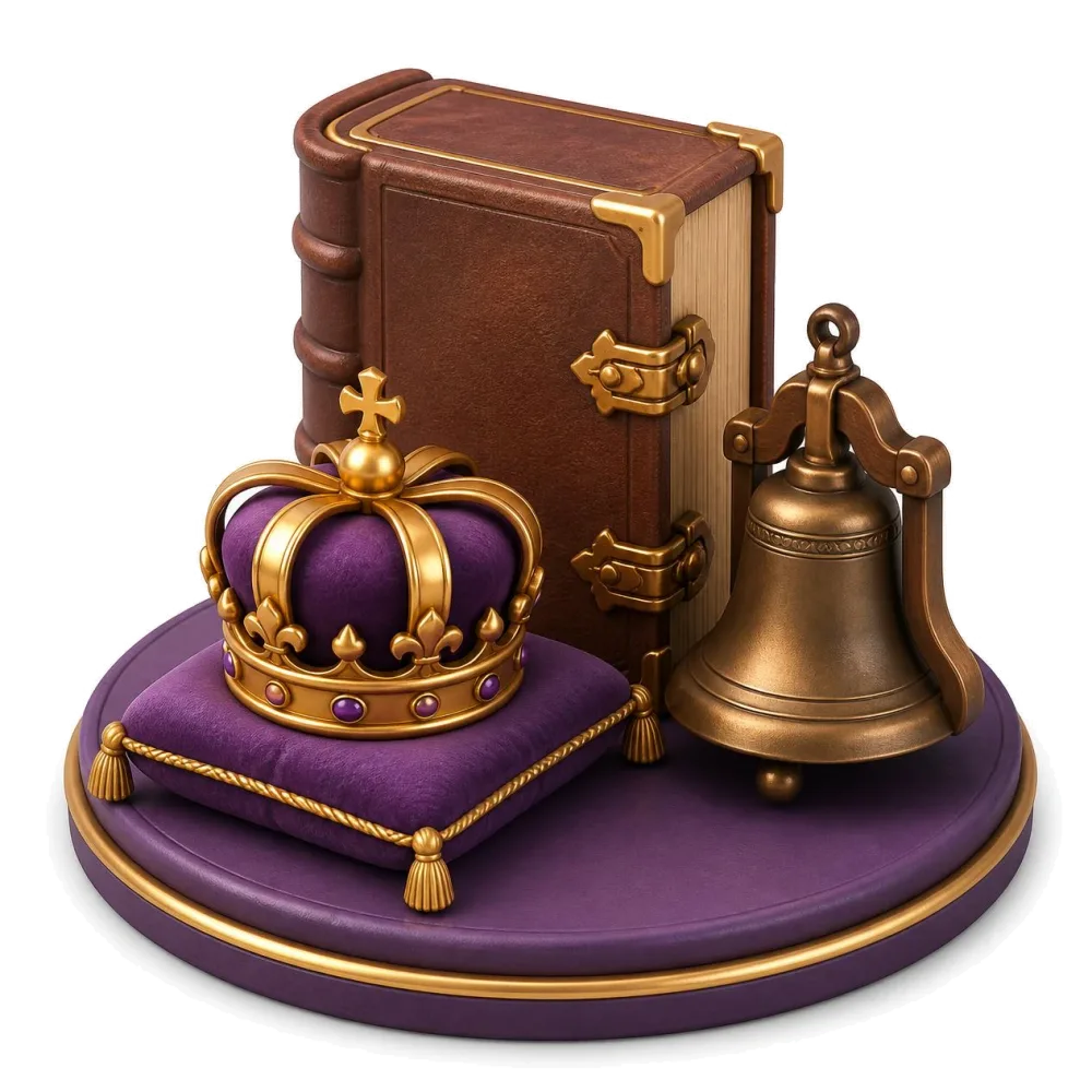Old clasped book, golden royal crown on a cushion and bronze bell