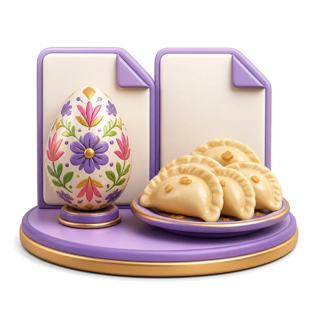 Two documents side by side, a painted Easter egg and a plate of pierogi