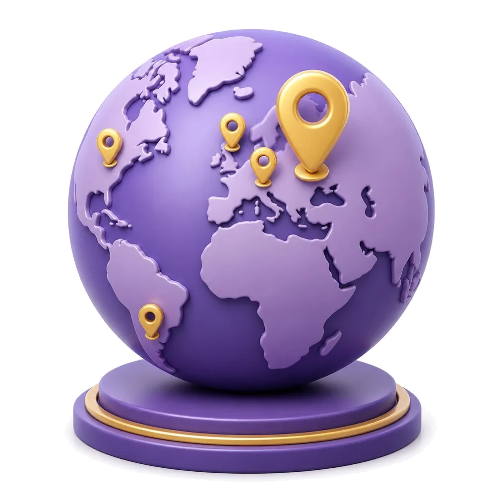 Purple globe with pins on Poland, Chicago, the United Kingdom, Germany and Brazil