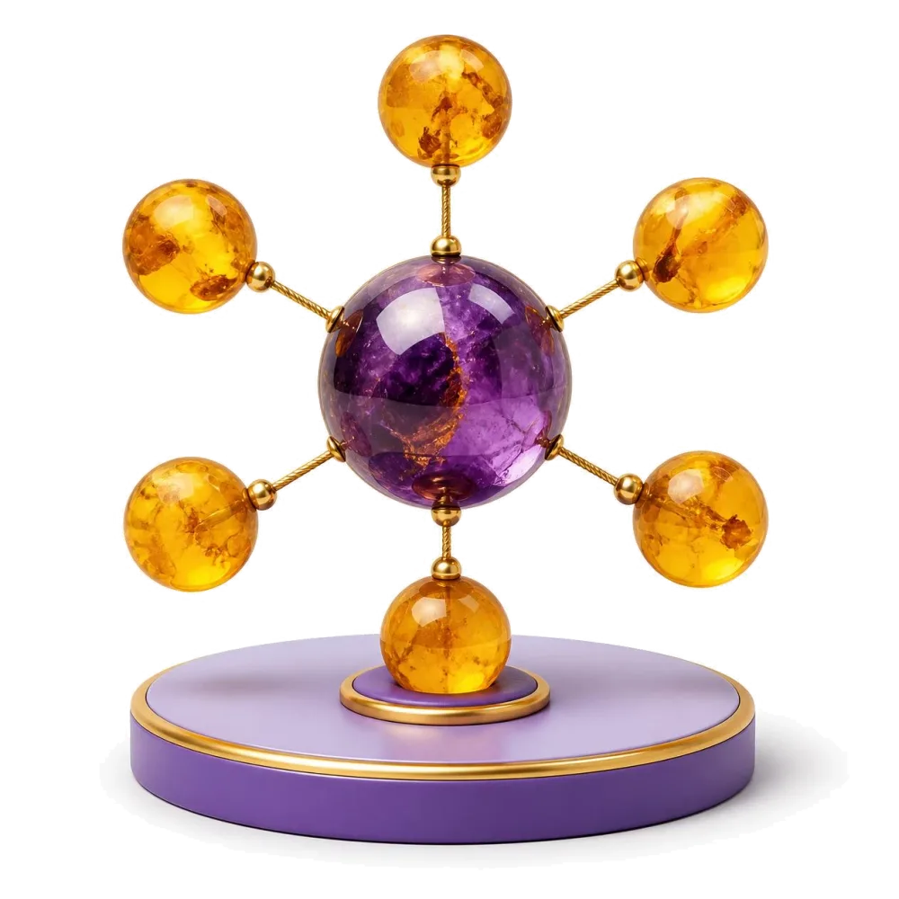Amber beads linked by golden threads around a purple center, the language pairs with Polish