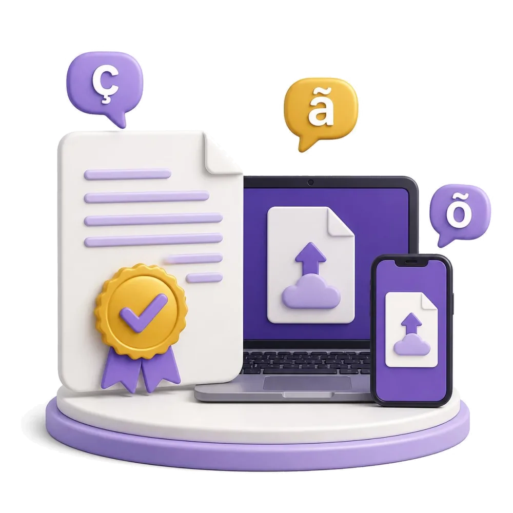 Certified Portuguese document with a gold seal, a laptop and a phone uploading the file