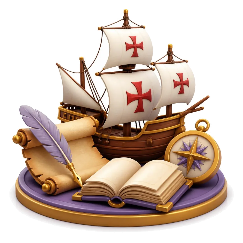 Portuguese caravel, parchment scroll with a quill, an old book and a compass rose