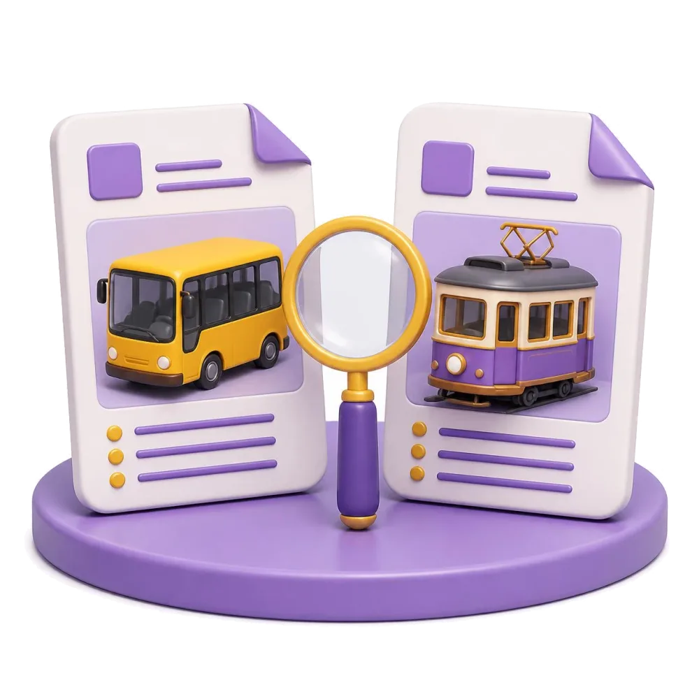 Two documents compared with a magnifying glass, a Brazilian bus and a Lisbon tram