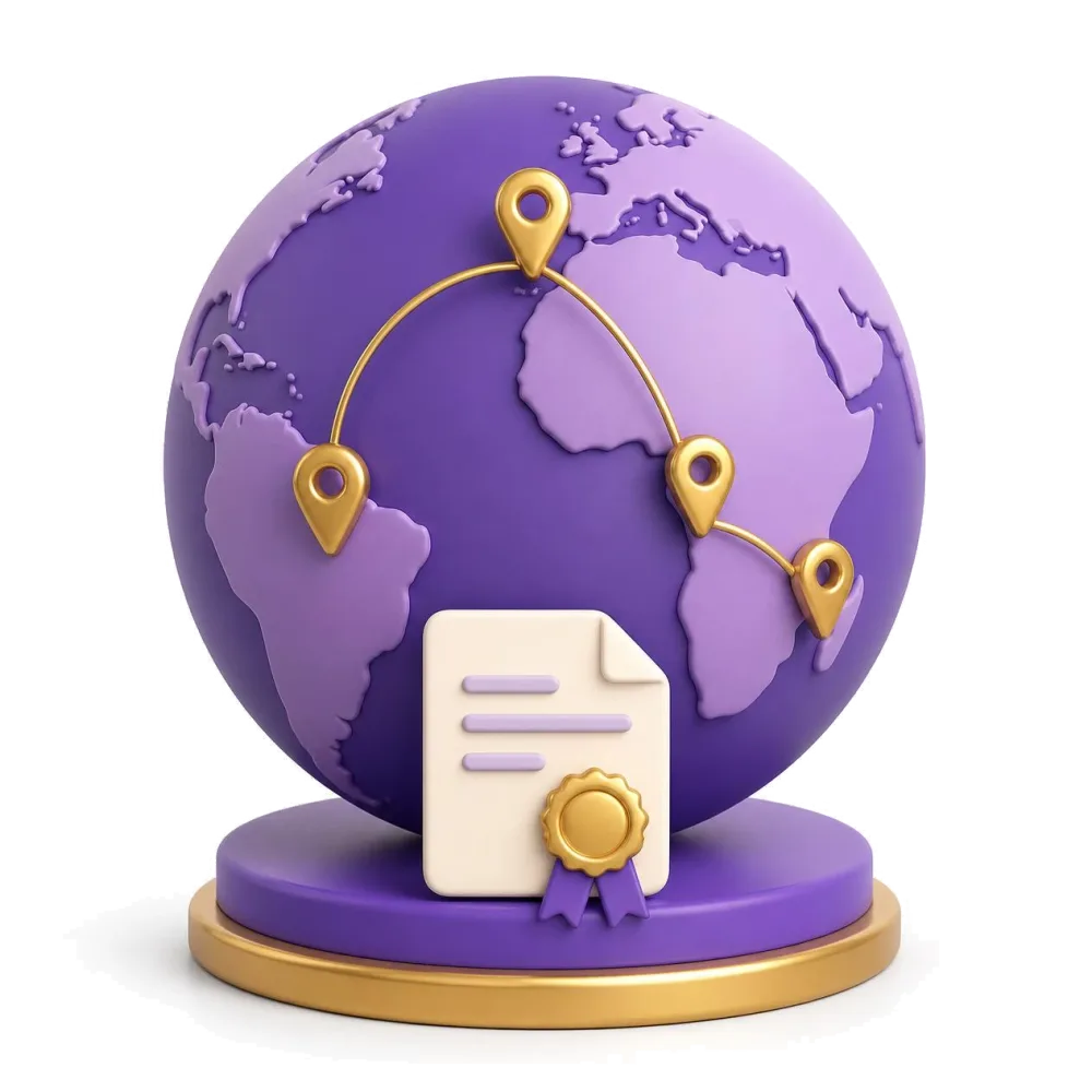 Purple globe with pins on Brazil, Portugal, Angola and Mozambique, where Portuguese is spoken
