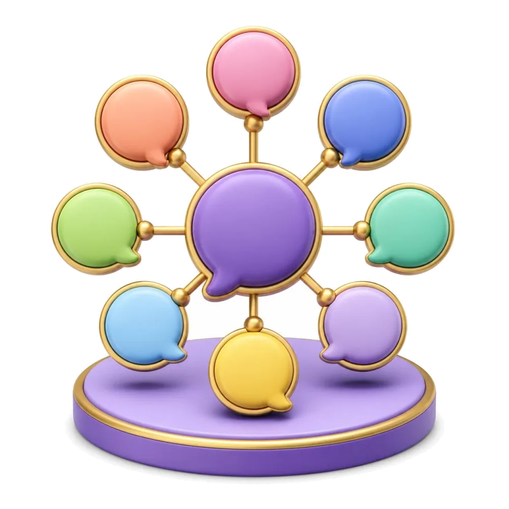 Purple speech bubble linked to eight colored bubbles, the language pairs with Portuguese