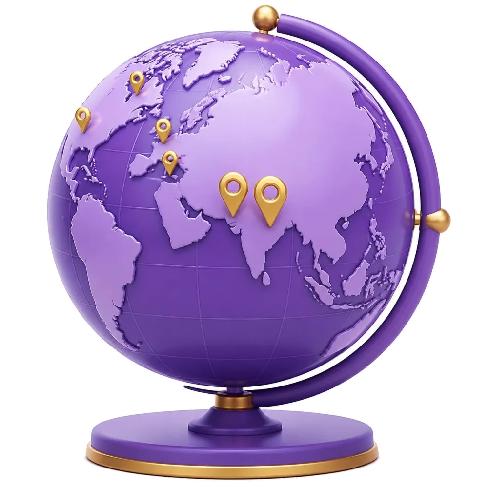 Globo roxo com pinos na Índia, no Paquistão, no Canadá e no Reino Unido