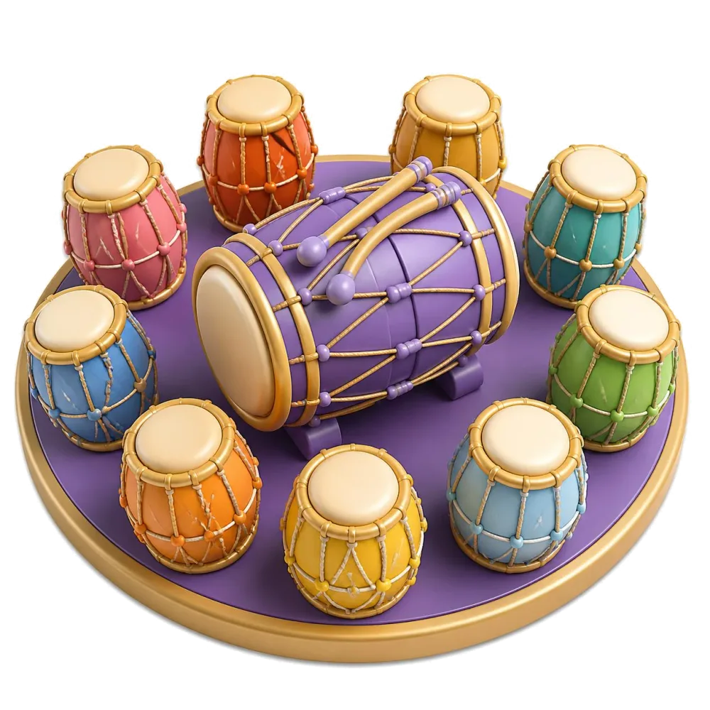 Tambores dhol coloridos em volta de um dhol roxo, os pares do punjabi