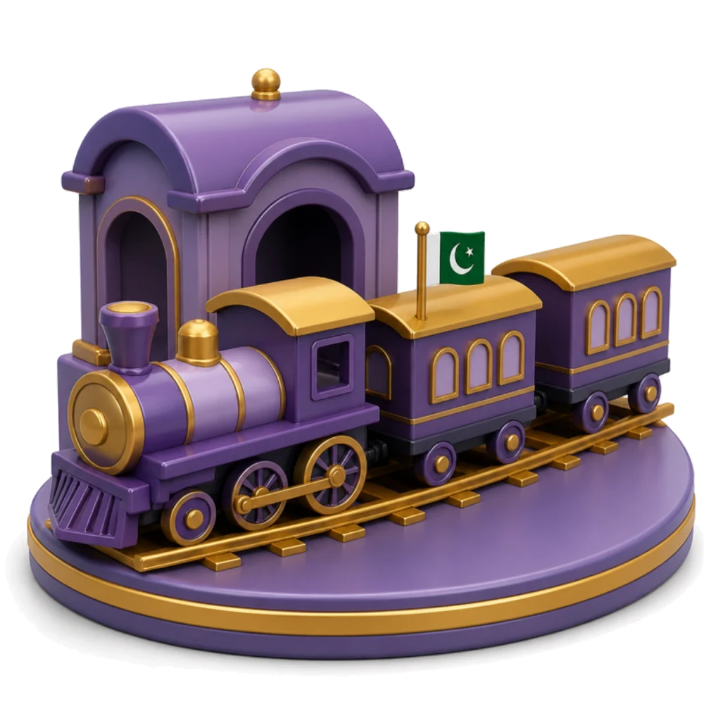 Tren de juguete morado con una pequeña bandera de Pakistán saliendo de una estación sobre vías doradas