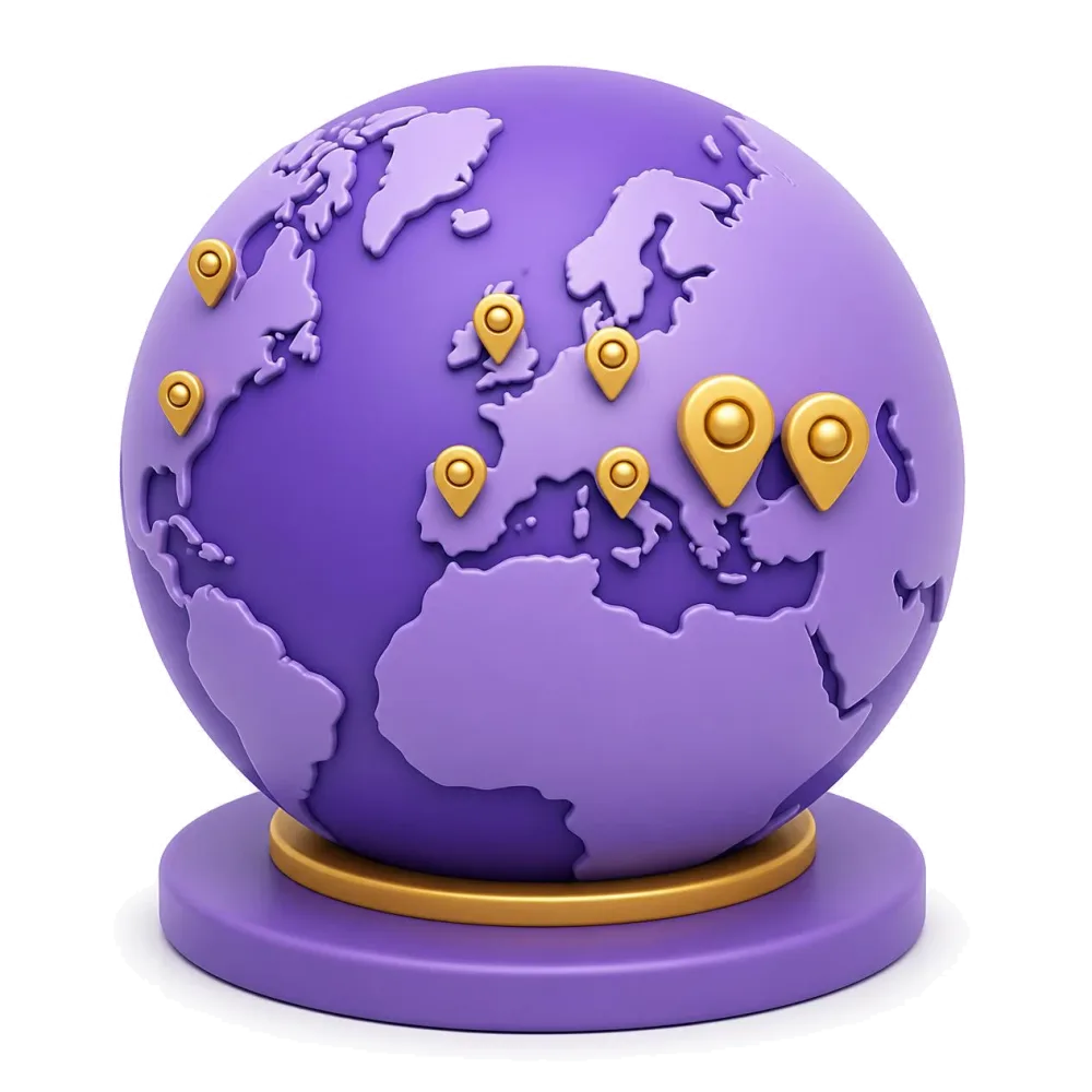 Globo morado con marcadores en Rumania, Moldavia y las comunidades rumanas