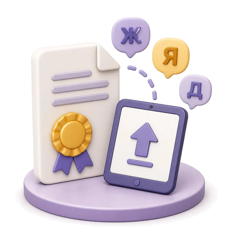 Certified Russian document with gold seal, tablet sending the file, letters Ж Я Д