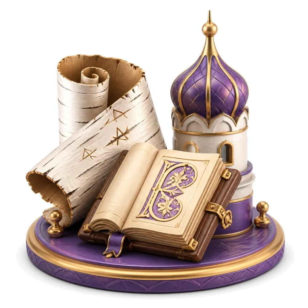 Birch bark letter, old book with a decorated initial and a small onion dome