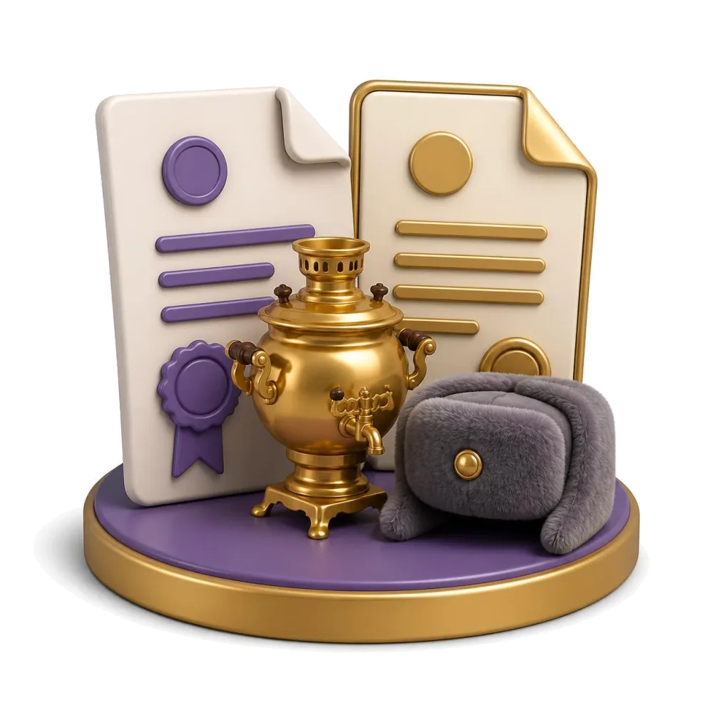 Two documents beside a shiny samovar and a fur ushanka hat