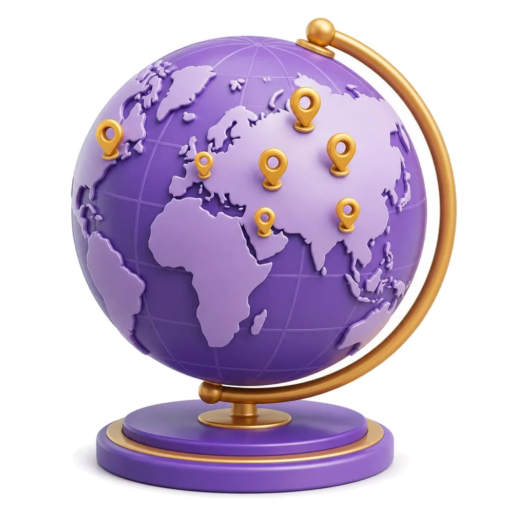 Purple globe with pins on Russia, Belarus, Kazakhstan and Russian-speaking communities abroad