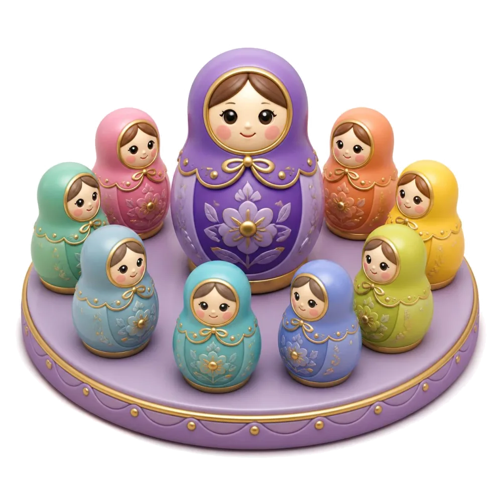 Colored nesting dolls around a larger purple doll, the pairs with Russian