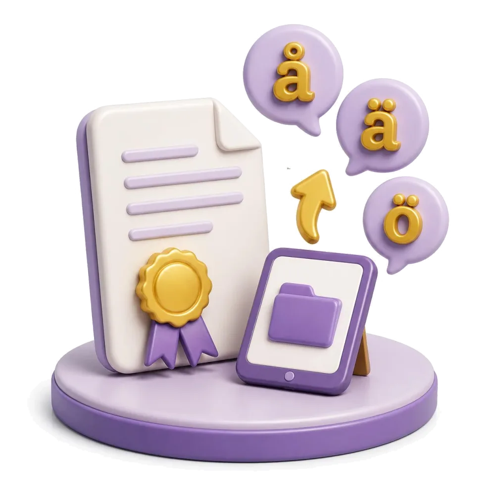 Documento sueco certificado com selo dourado, tablet enviando o arquivo, letras å ä ö